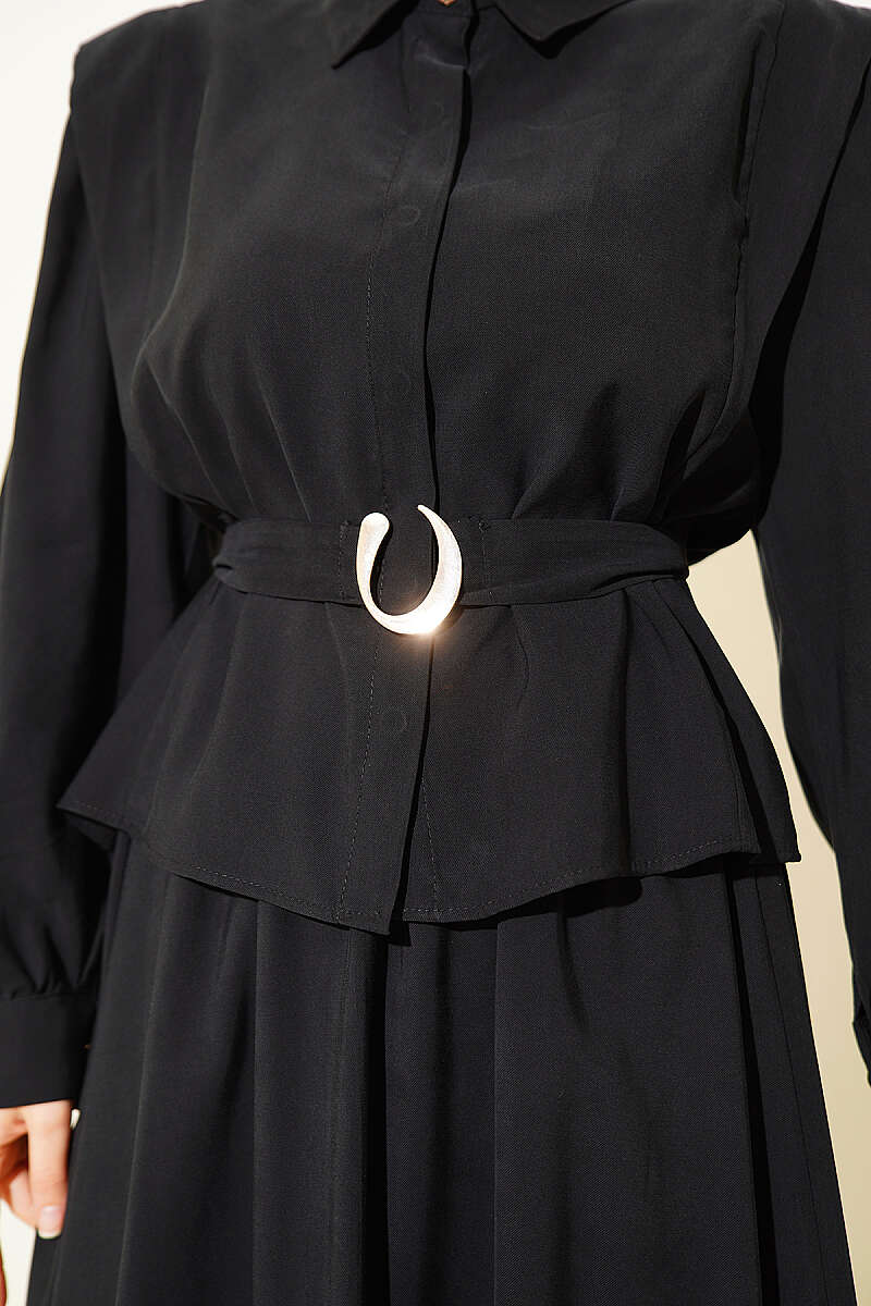 Belted Skirt Set with Shoulder Detail - Black
