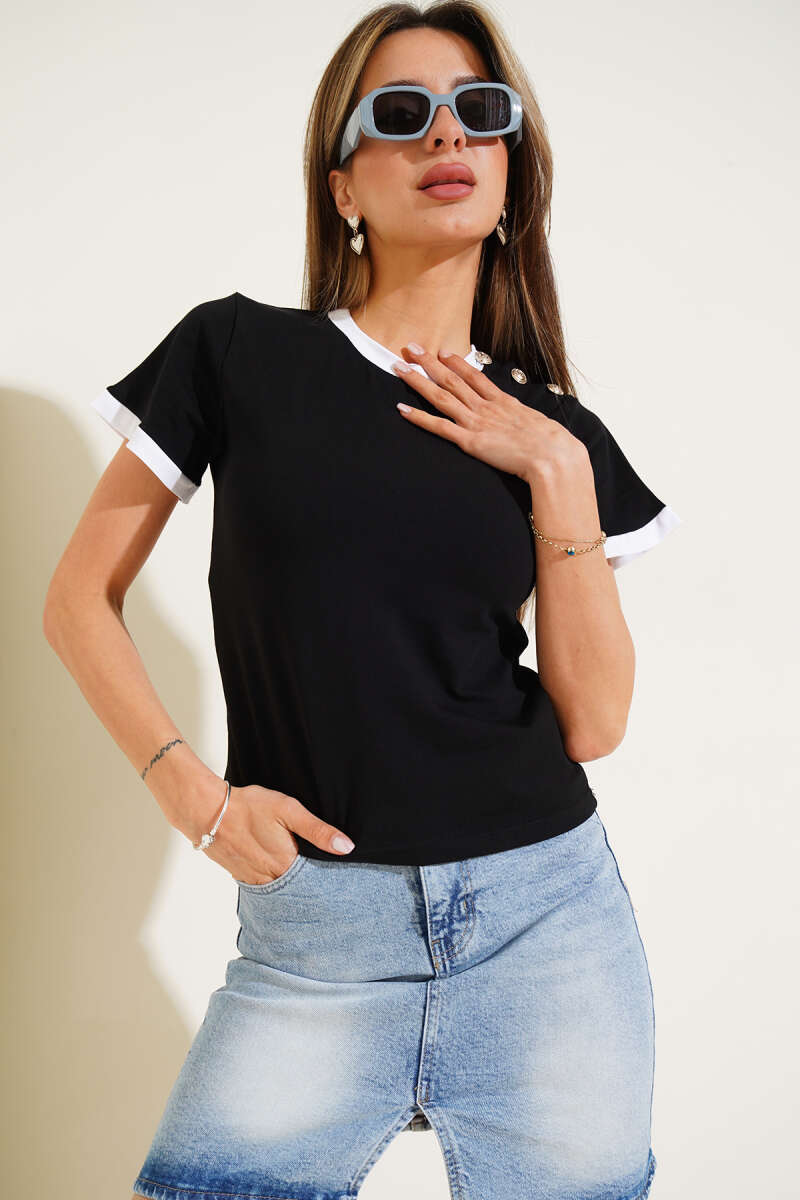 Blouse with Shoulder Buttons - Black