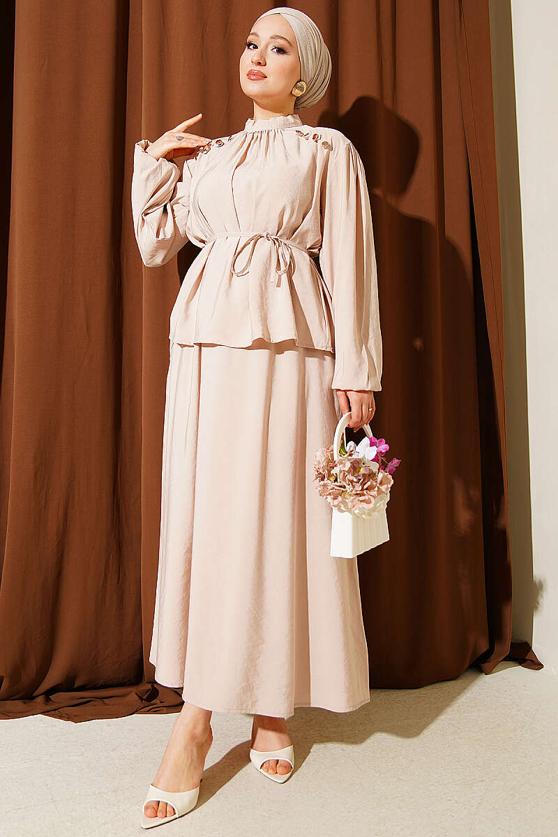 Modal Skirt Set with Shoulder Buttons and Tie Belt - Beige