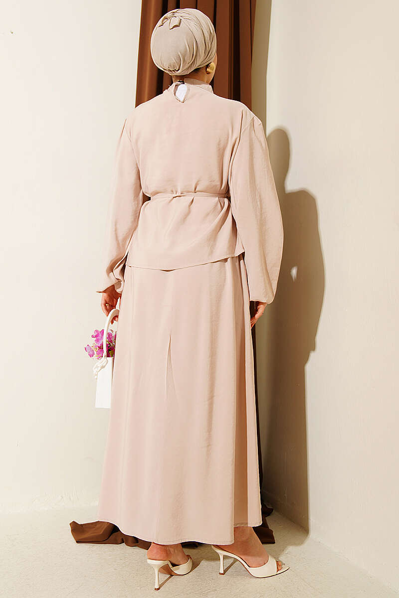 Modal Skirt Set with Shoulder Buttons and Tie Belt - Beige