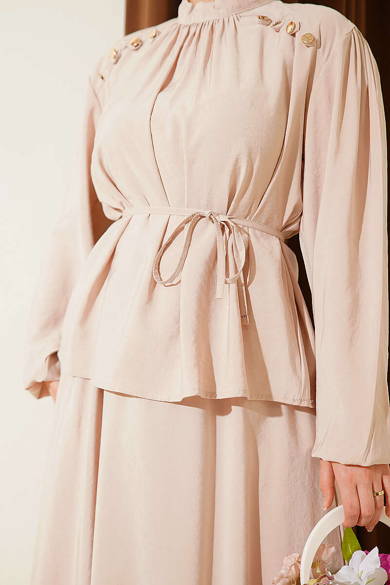 Modal Skirt Set with Shoulder Buttons and Tie Belt - Beige