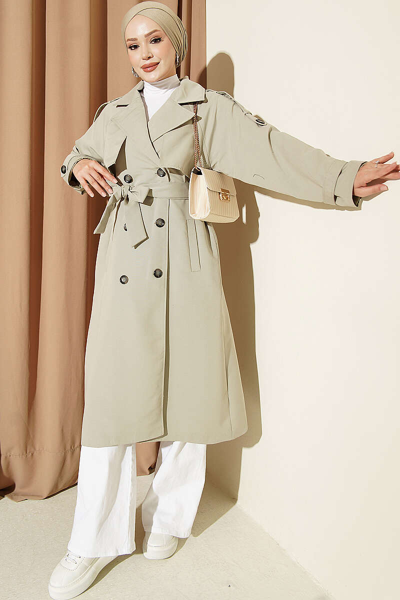 Belted Trench Coat with Shoulder Buttons - Almond Green