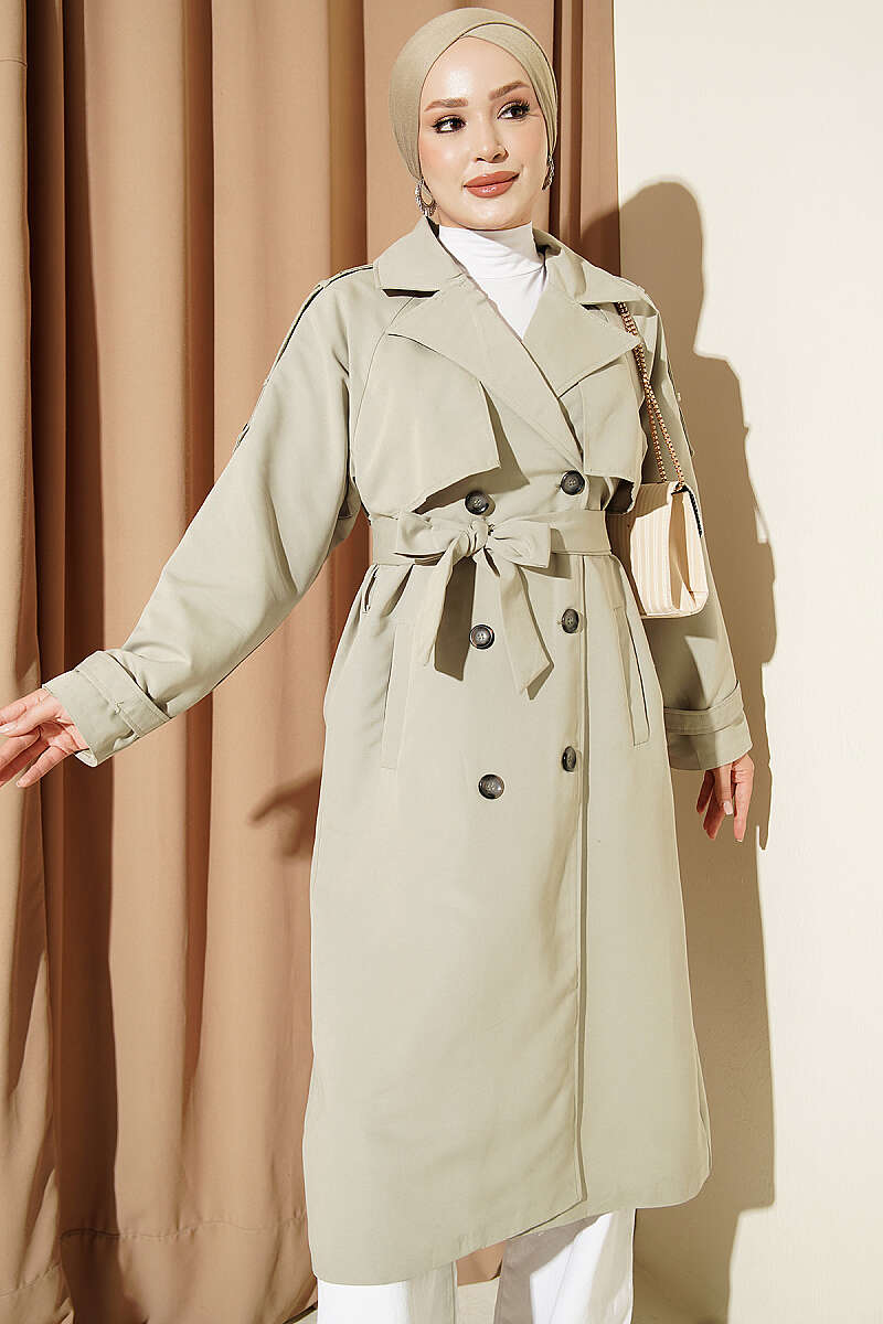 Belted Trench Coat with Shoulder Buttons - Almond Green