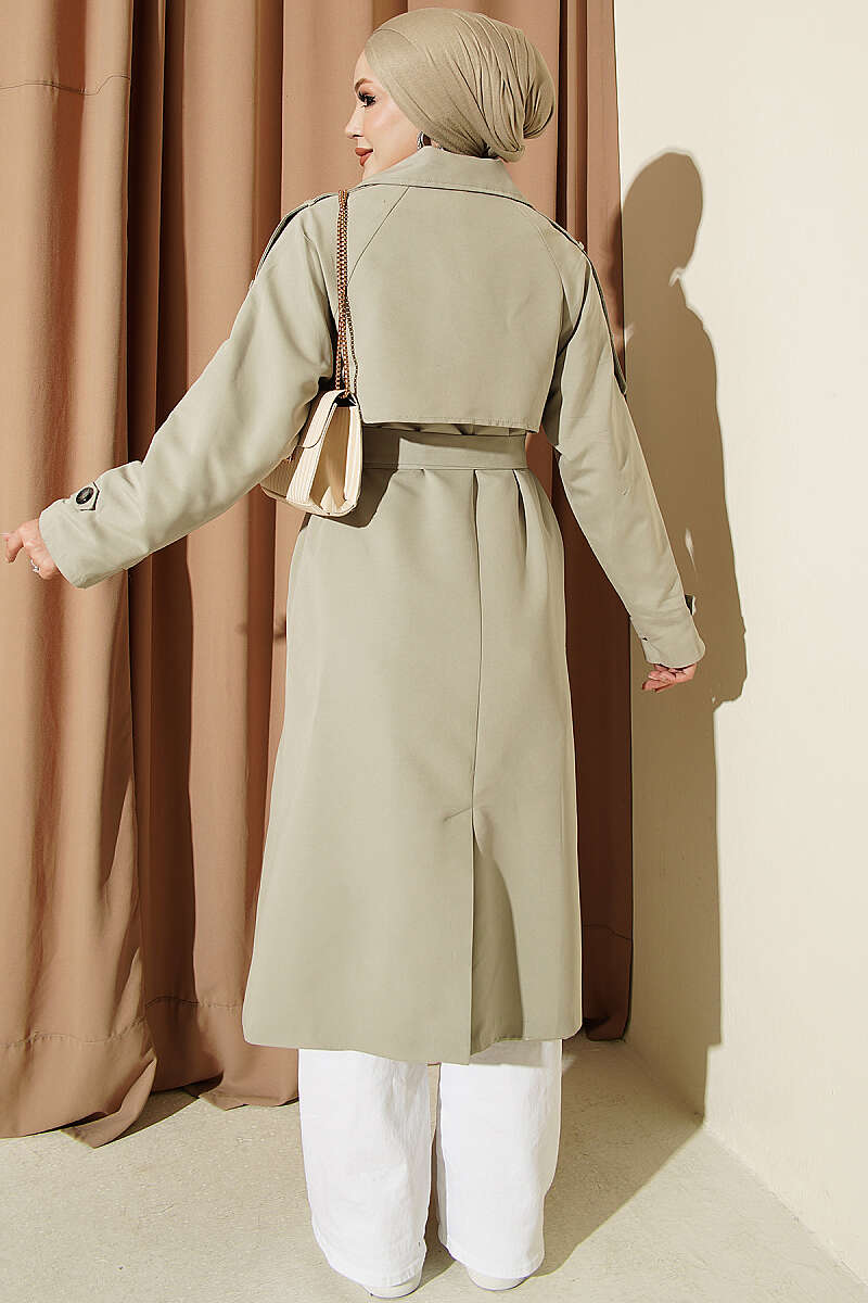 Belted Trench Coat with Shoulder Buttons - Almond Green