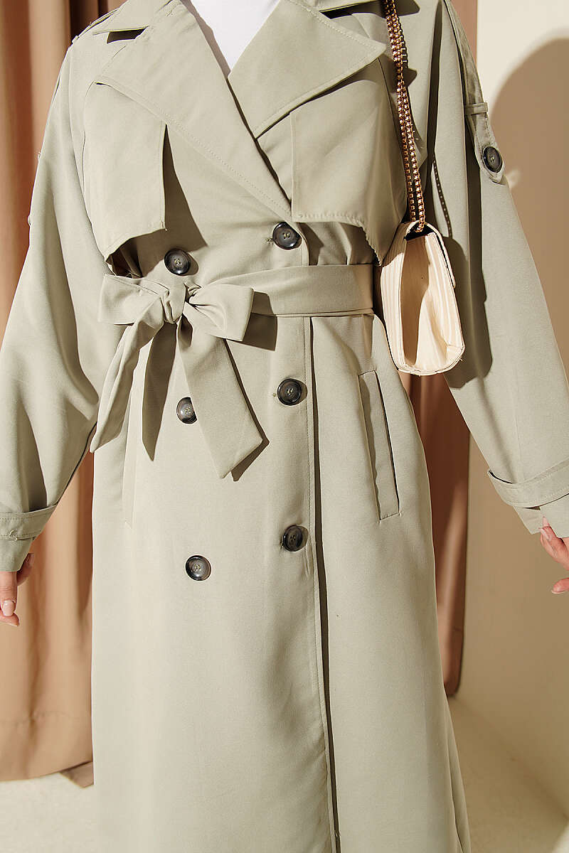 Belted Trench Coat with Shoulder Buttons - Almond Green