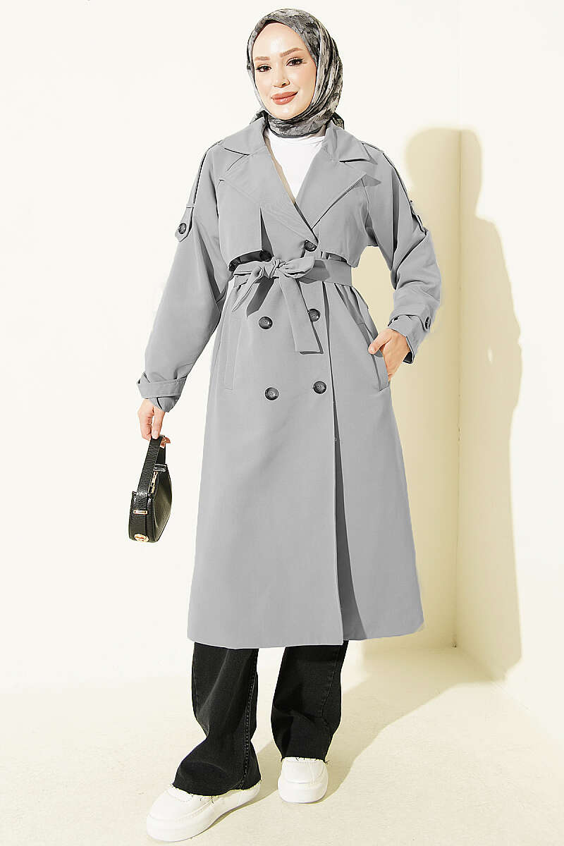 Belted Trench Coat with Shoulder Buttons - Grey