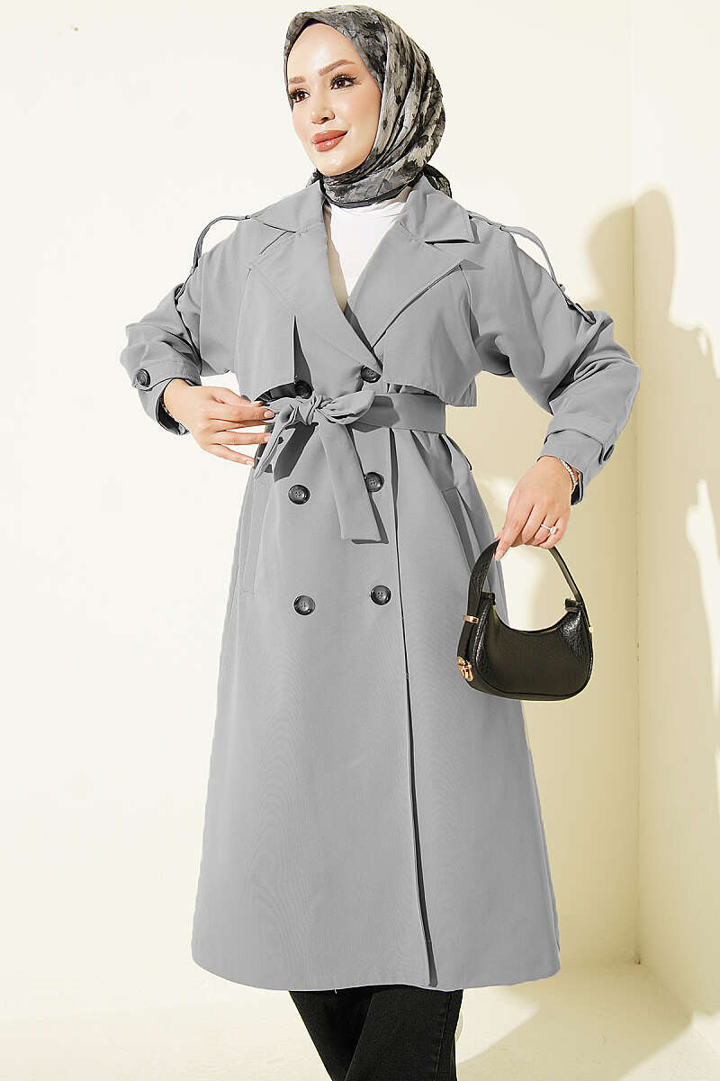Belted Trench Coat with Shoulder Buttons - Grey