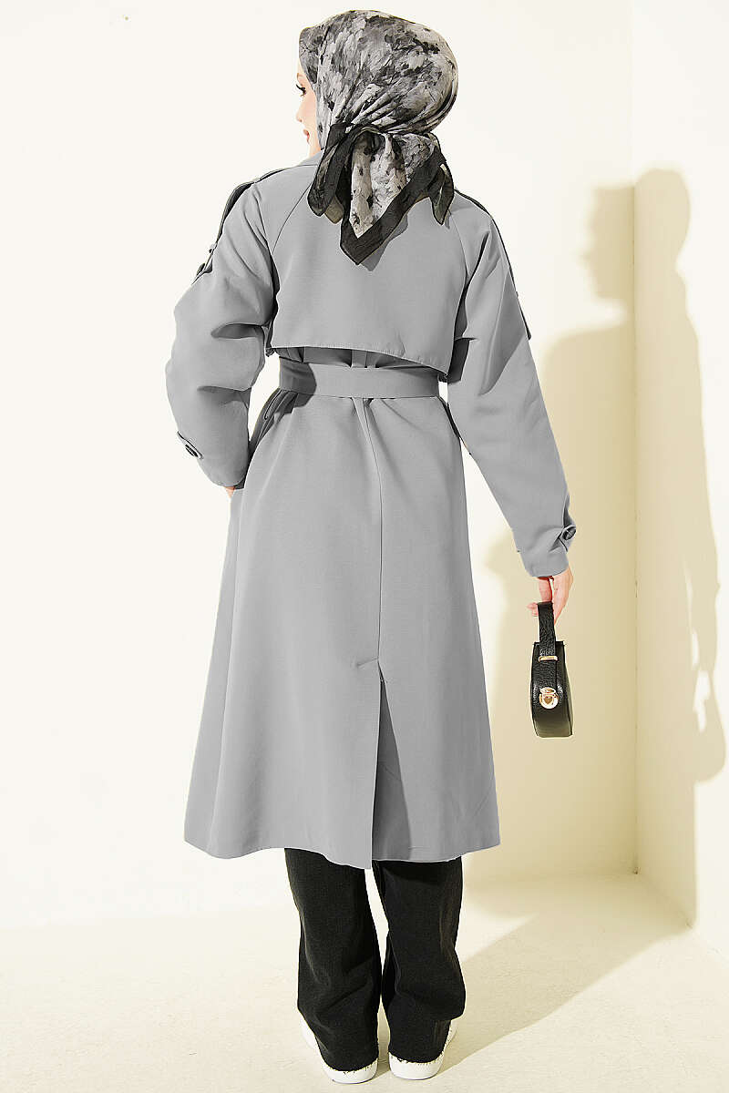 Belted Trench Coat with Shoulder Buttons - Grey
