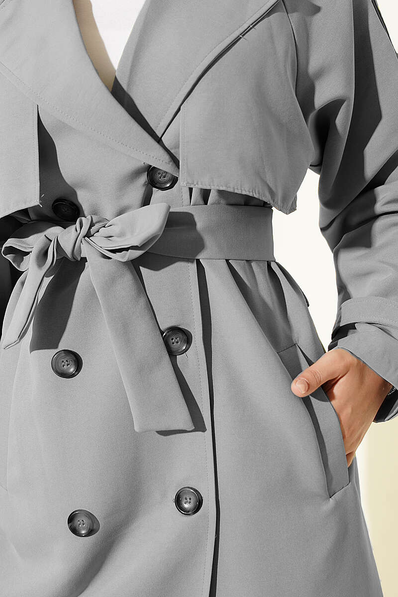 Belted Trench Coat with Shoulder Buttons - Grey
