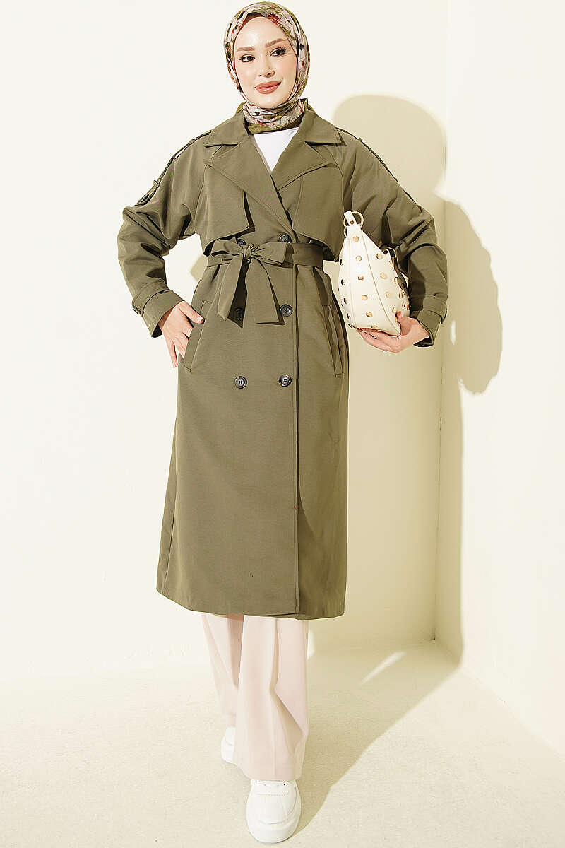 Belted Trench Coat with Shoulder Buttons - Khaki