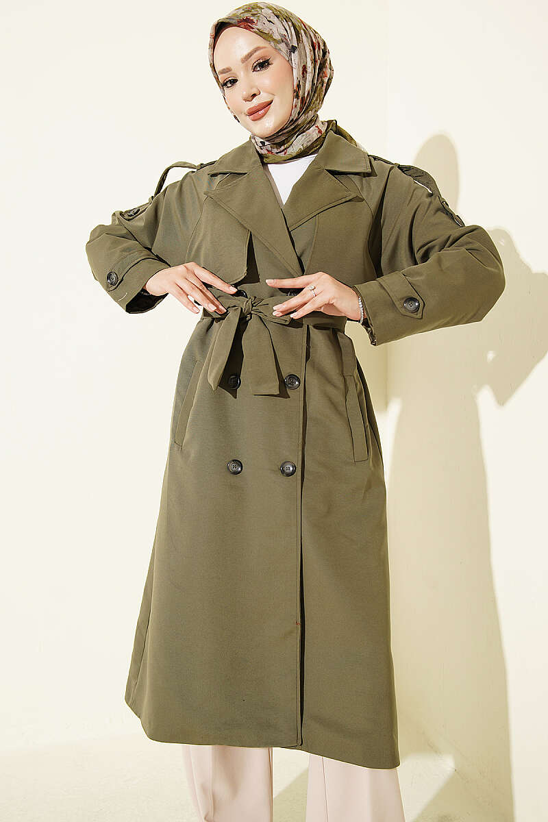 Belted Trench Coat with Shoulder Buttons - Khaki