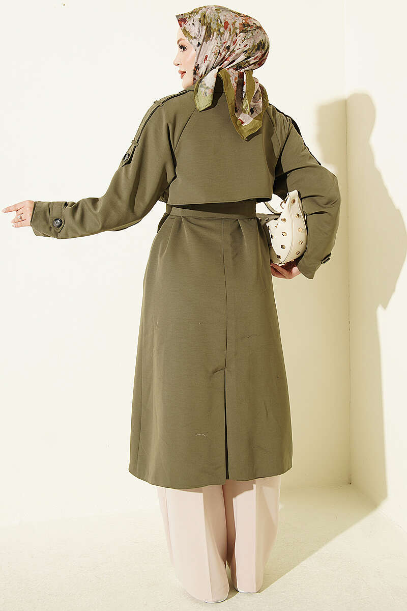 Belted Trench Coat with Shoulder Buttons - Khaki
