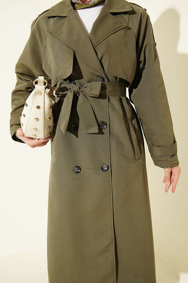 Belted Trench Coat with Shoulder Buttons - Khaki
