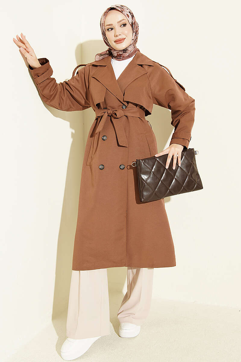 Belted Trench Coat with Shoulder Buttons - Brown