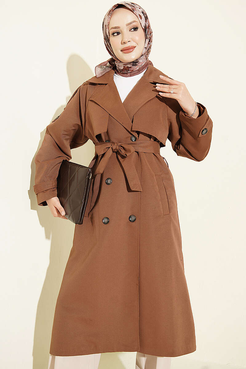 Belted Trench Coat with Shoulder Buttons - Brown