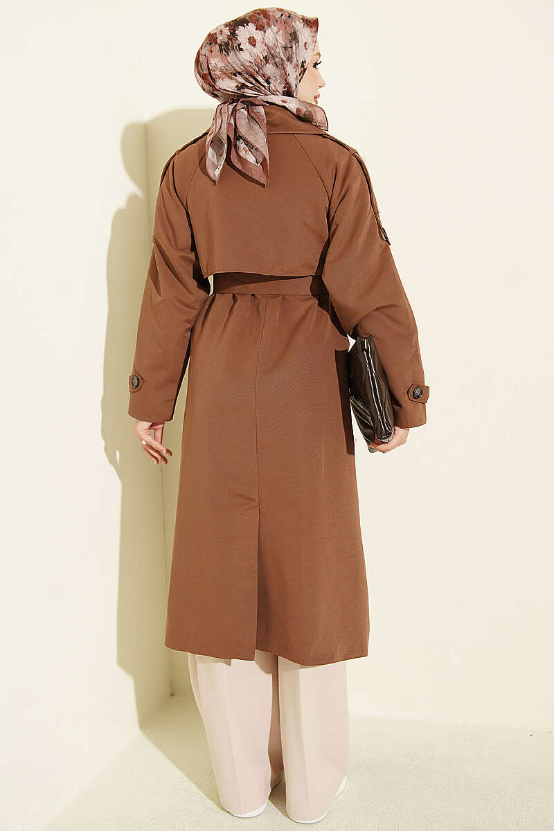 Belted Trench Coat with Shoulder Buttons - Brown