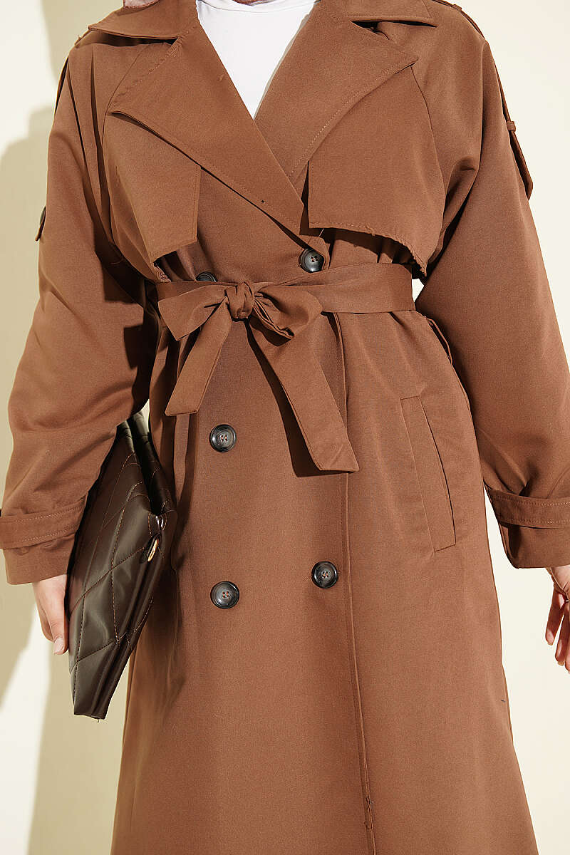Belted Trench Coat with Shoulder Buttons - Brown