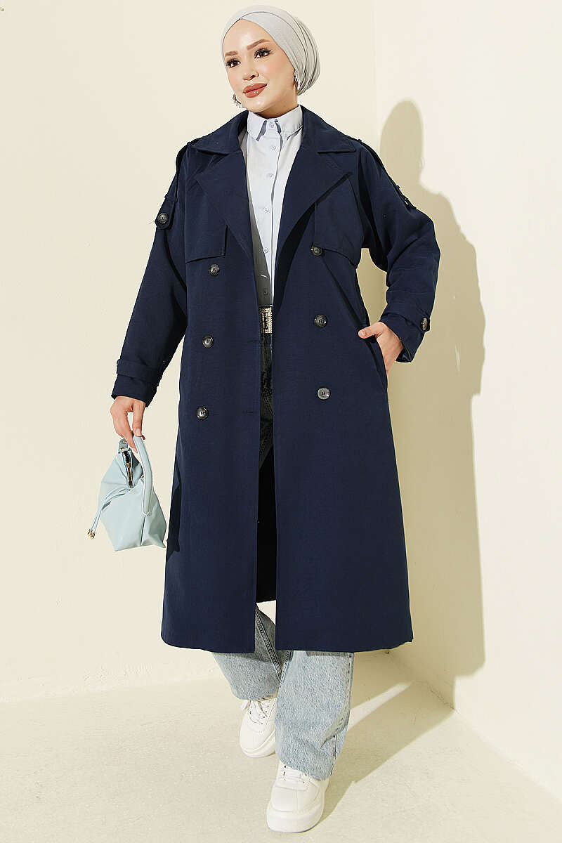 Belted Trench Coat with Shoulder Buttons - Navy