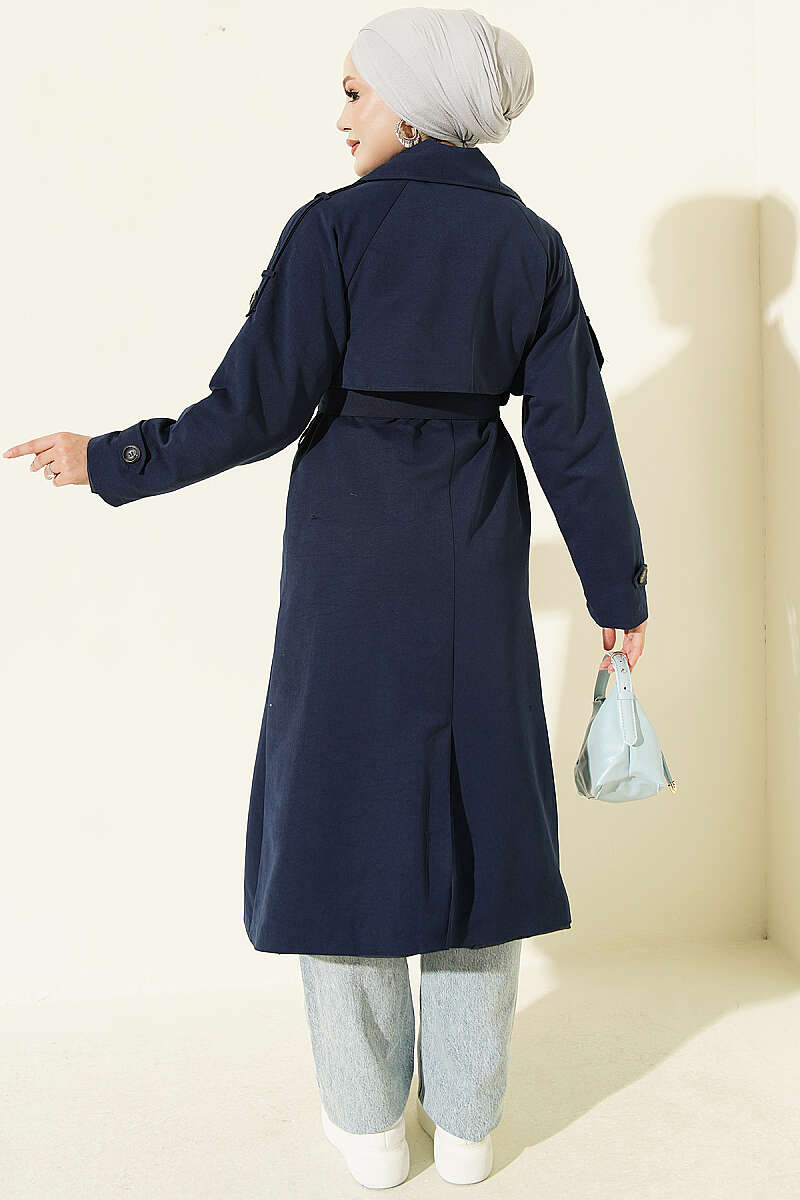 Belted Trench Coat with Shoulder Buttons - Navy