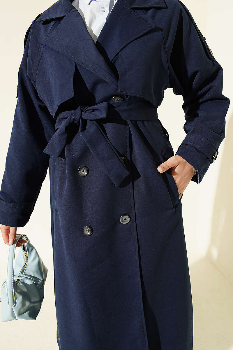 Belted Trench Coat with Shoulder Buttons - Navy