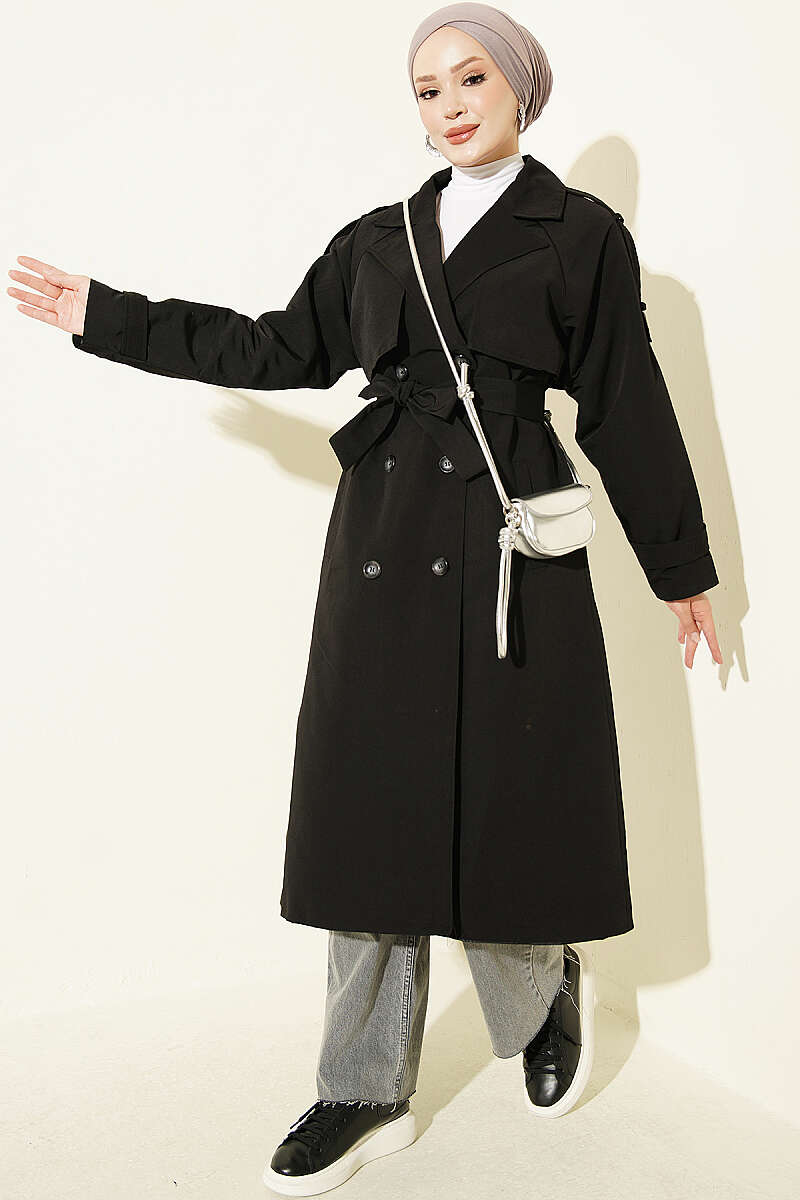 Belted Trench Coat with Shoulder Buttons - Black