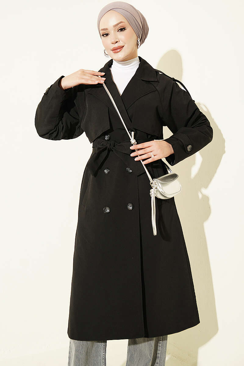 Belted Trench Coat with Shoulder Buttons - Black