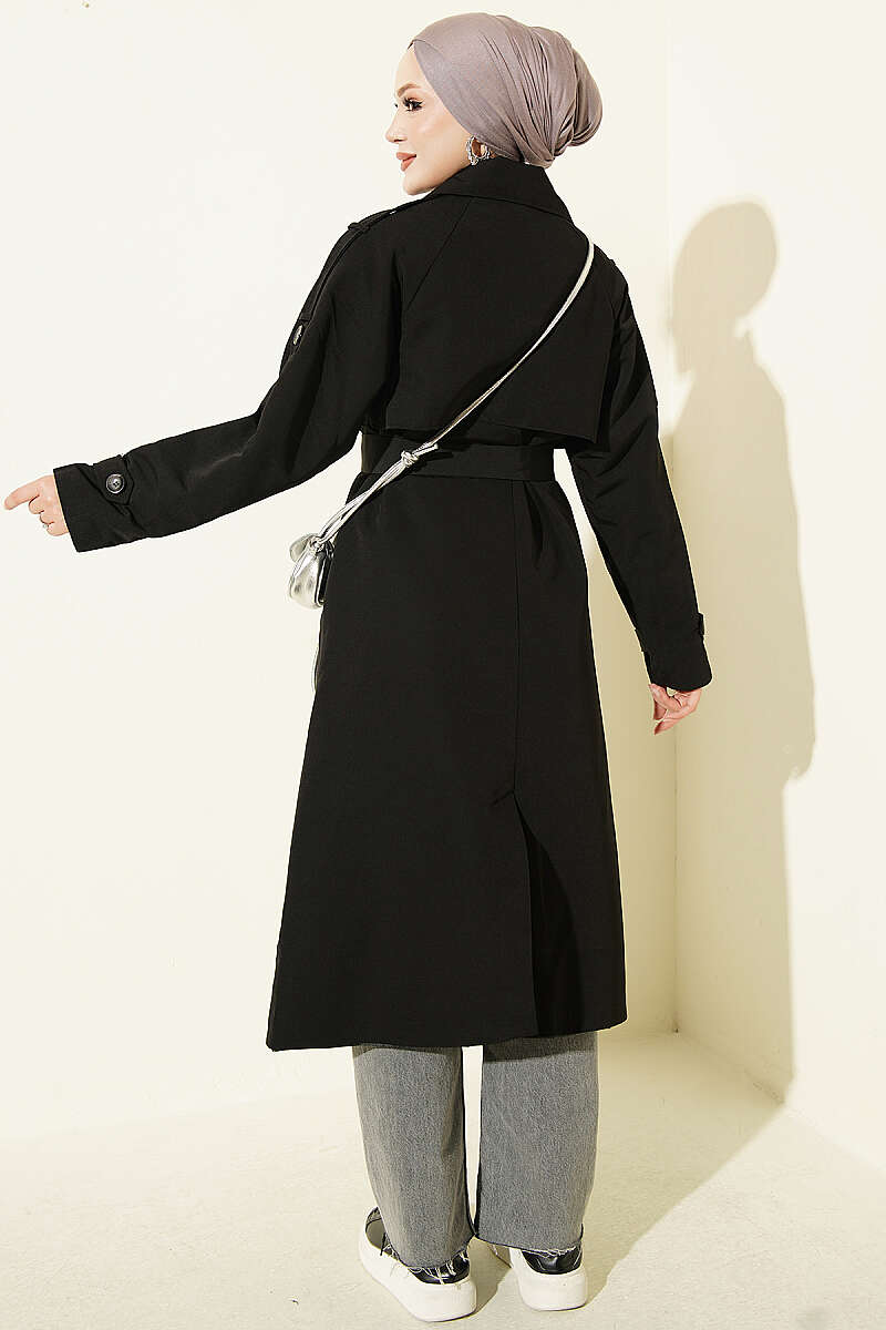 Belted Trench Coat with Shoulder Buttons - Black