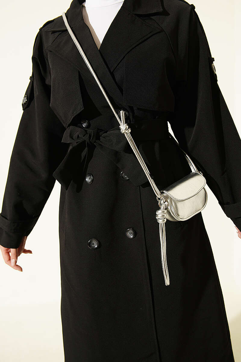Belted Trench Coat with Shoulder Buttons - Black