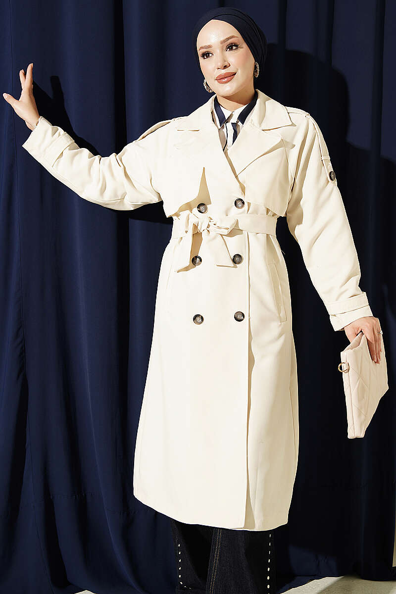Belted Trench Coat with Shoulder Buttons - Stone