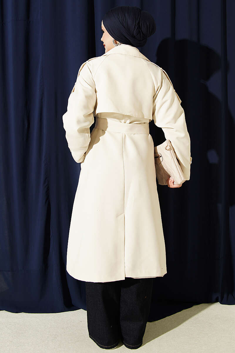 Belted Trench Coat with Shoulder Buttons - Stone