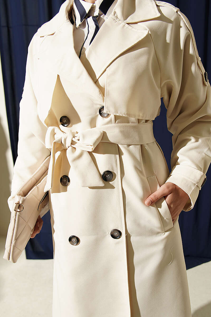 Belted Trench Coat with Shoulder Buttons - Stone
