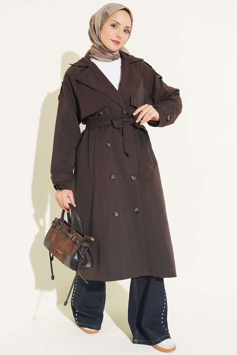 Belted Trench Coat with Shoulder Buttons - Dark Brown