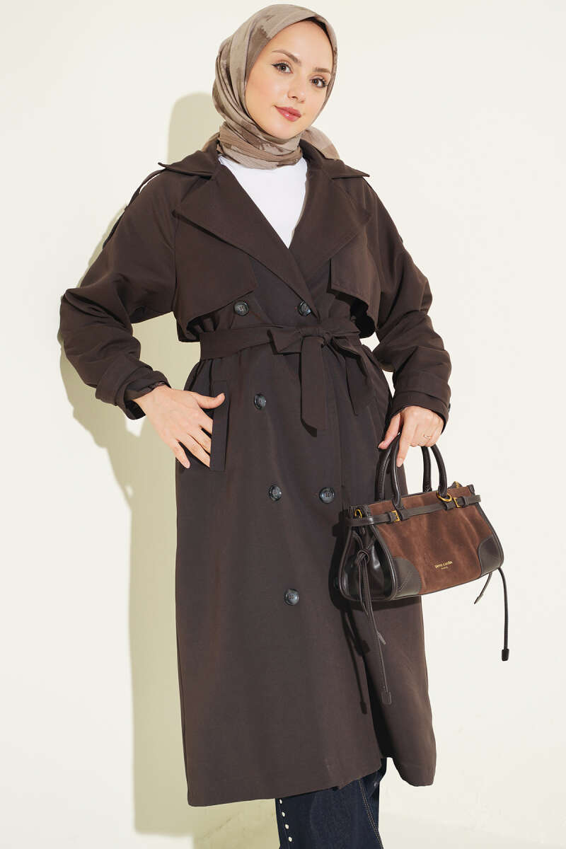 Belted Trench Coat with Shoulder Buttons - Dark Brown