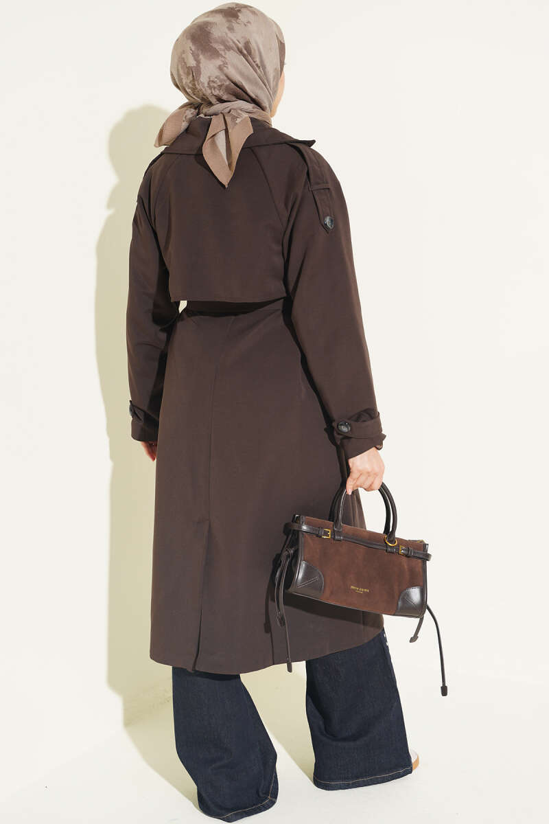 Belted Trench Coat with Shoulder Buttons - Dark Brown