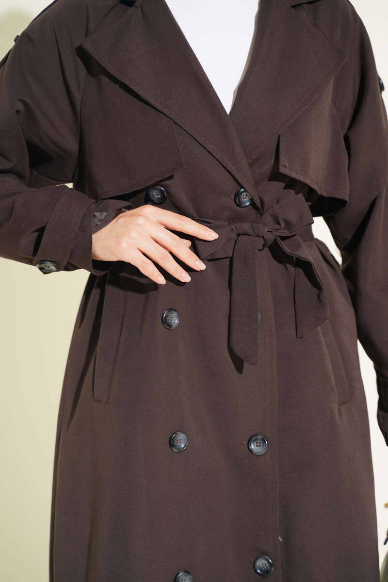 Belted Trench Coat with Shoulder Buttons - Dark Brown