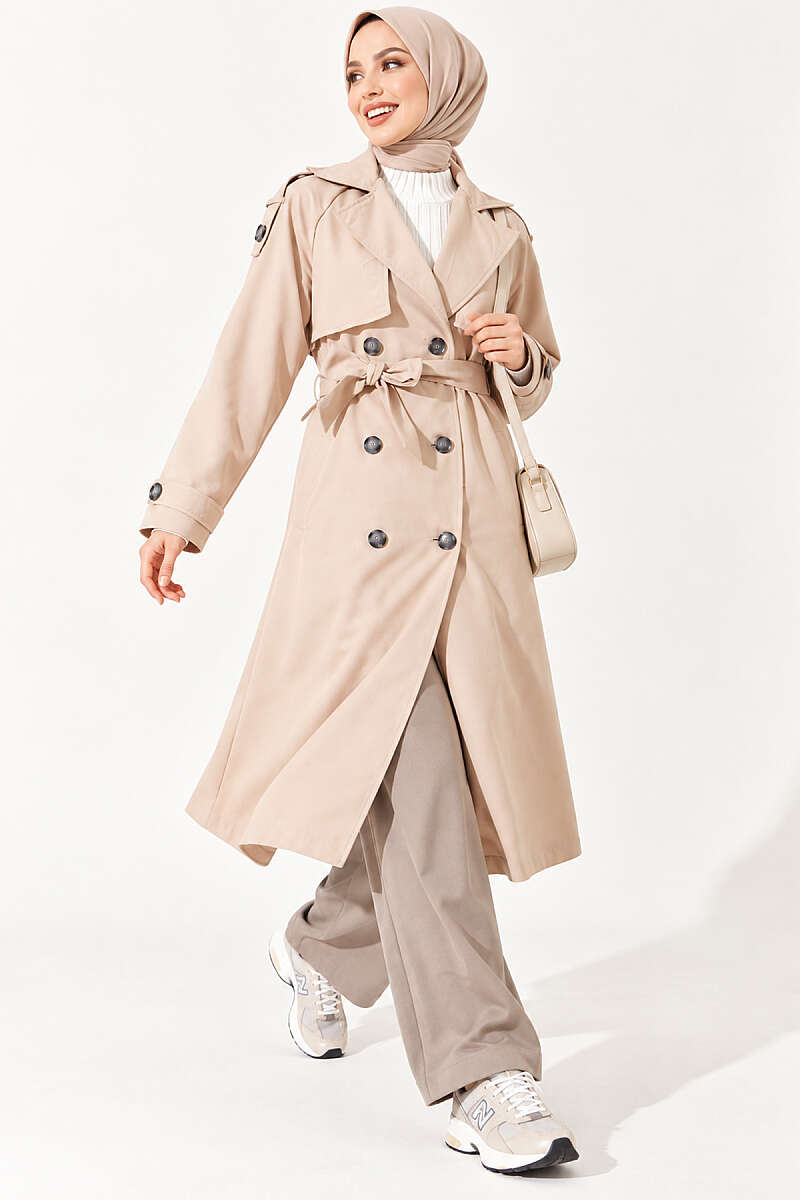 Belted Trench Coat with Shoulder Buttons - Beige