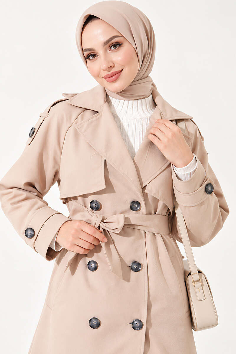 Belted Trench Coat with Shoulder Buttons - Beige
