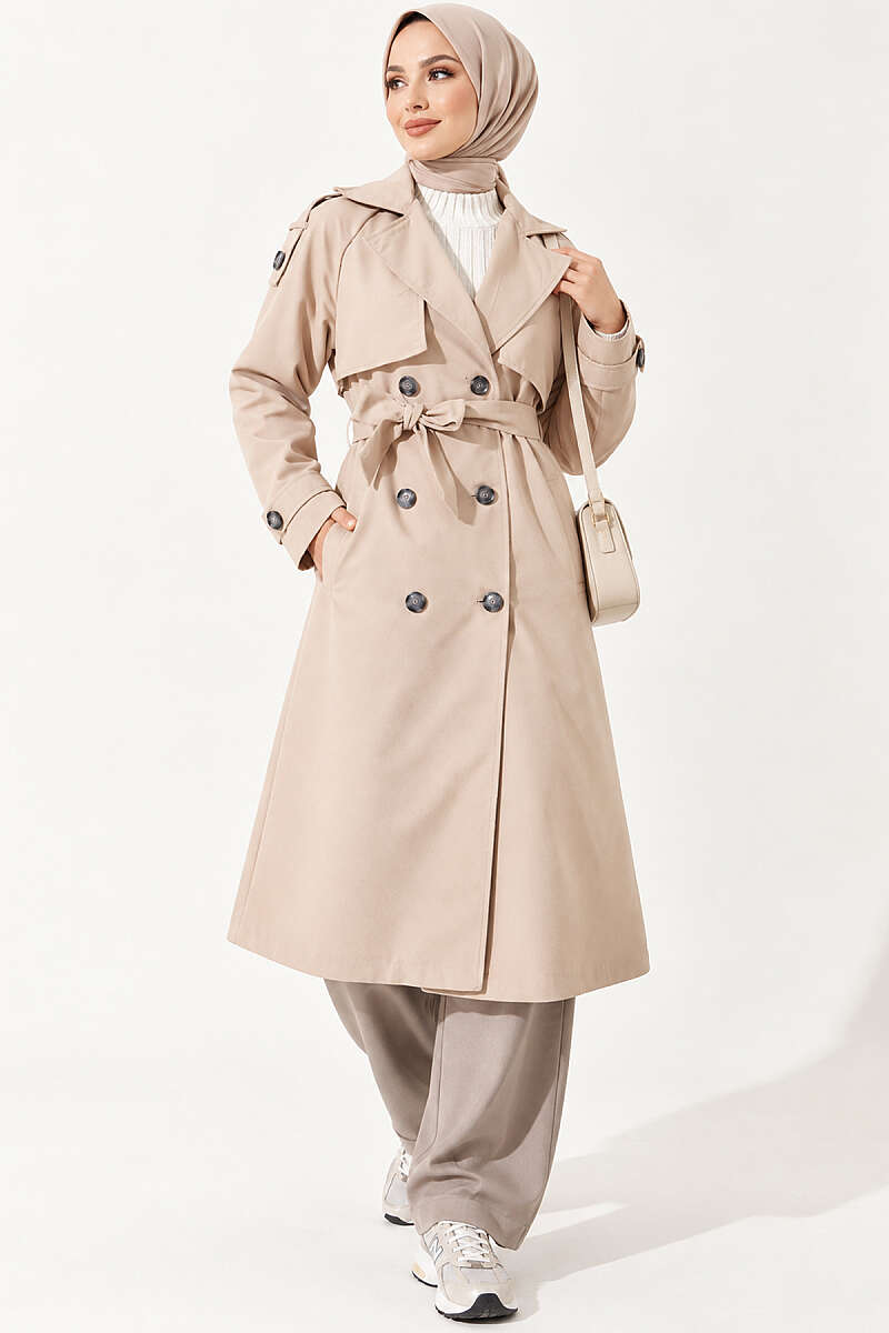 Belted Trench Coat with Shoulder Buttons - Beige