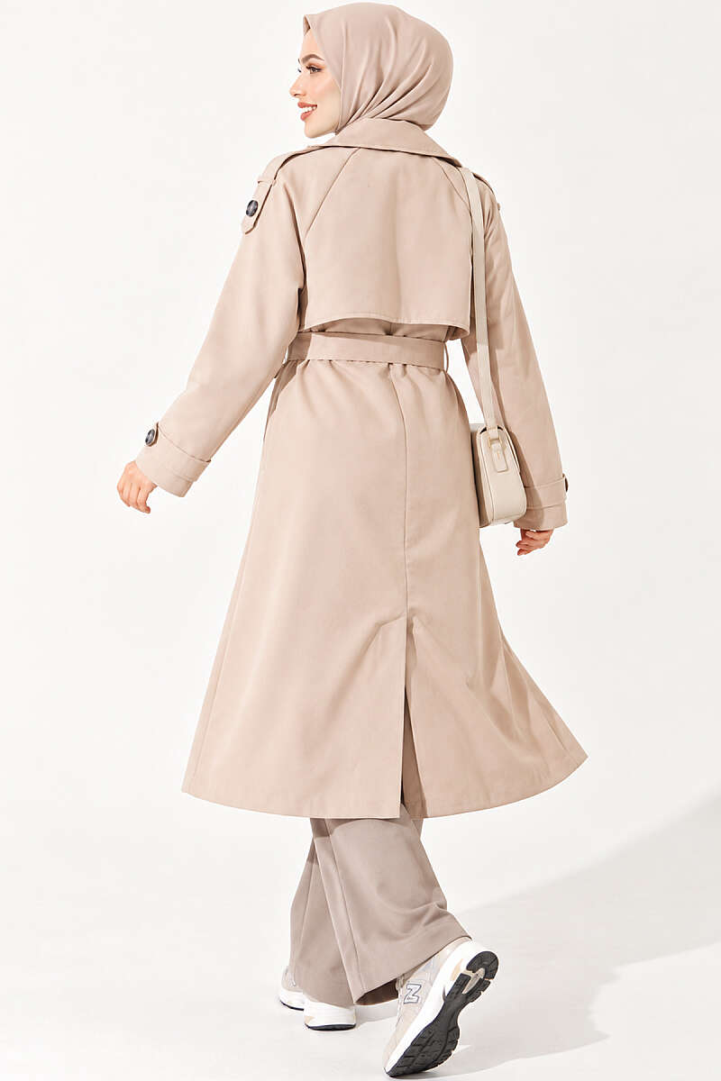 Belted Trench Coat with Shoulder Buttons - Beige