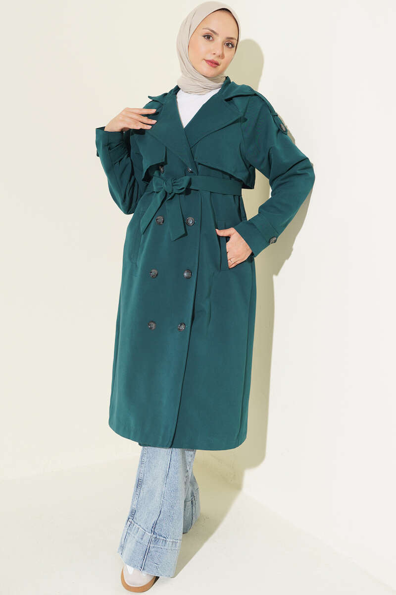 Belted Trench Coat with Shoulder Buttons - Emerald