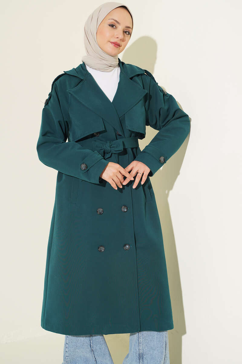 Belted Trench Coat with Shoulder Buttons - Emerald