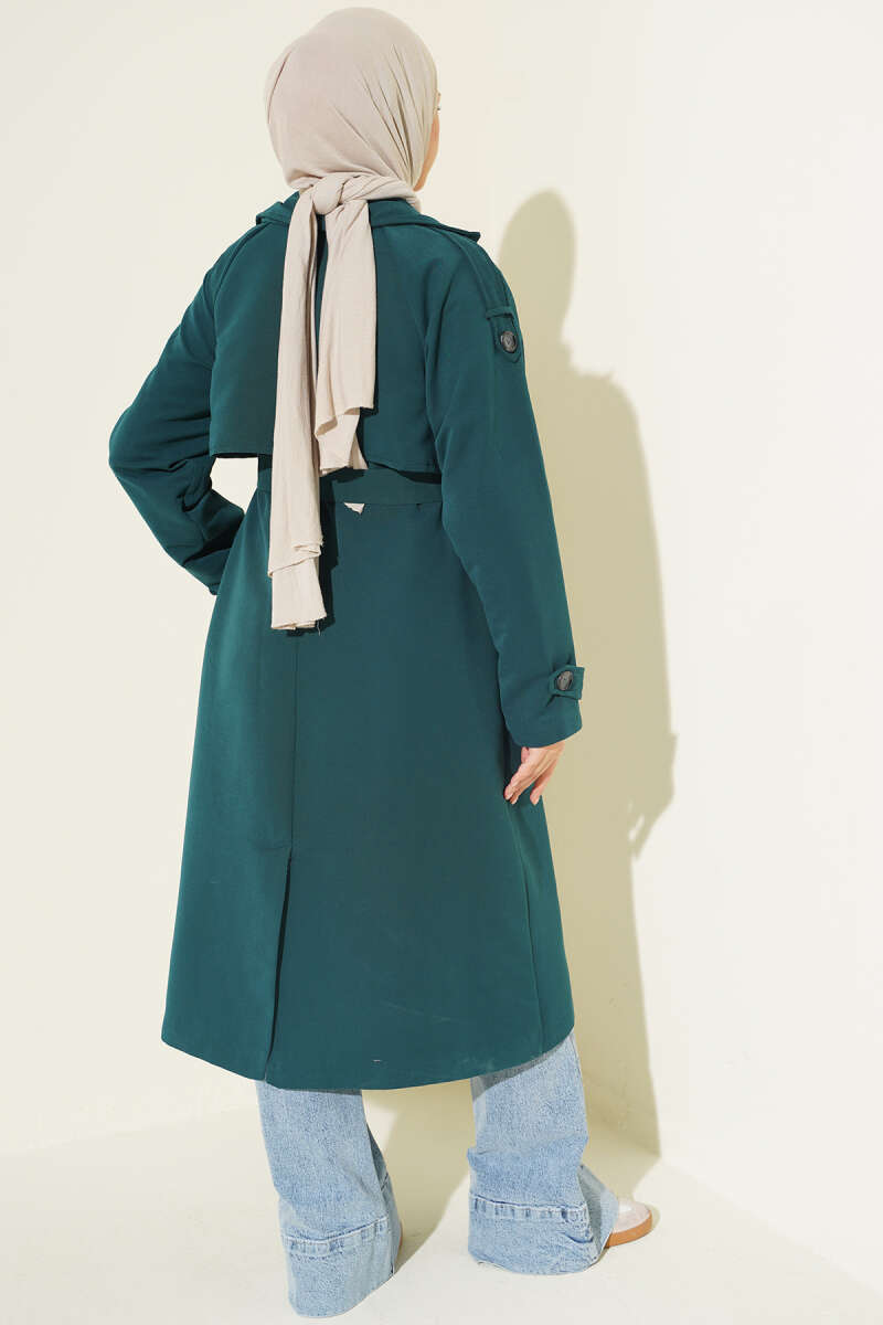 Belted Trench Coat with Shoulder Buttons - Emerald