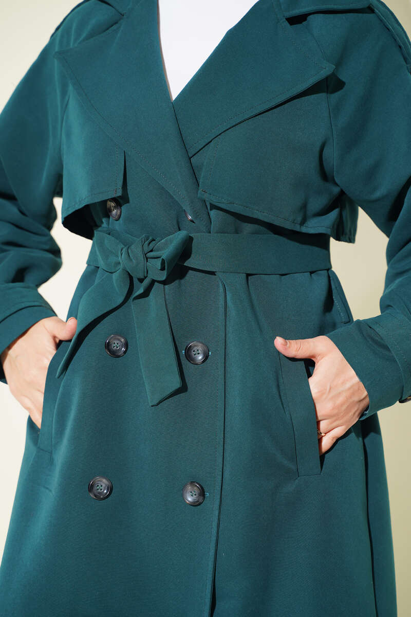 Belted Trench Coat with Shoulder Buttons - Emerald