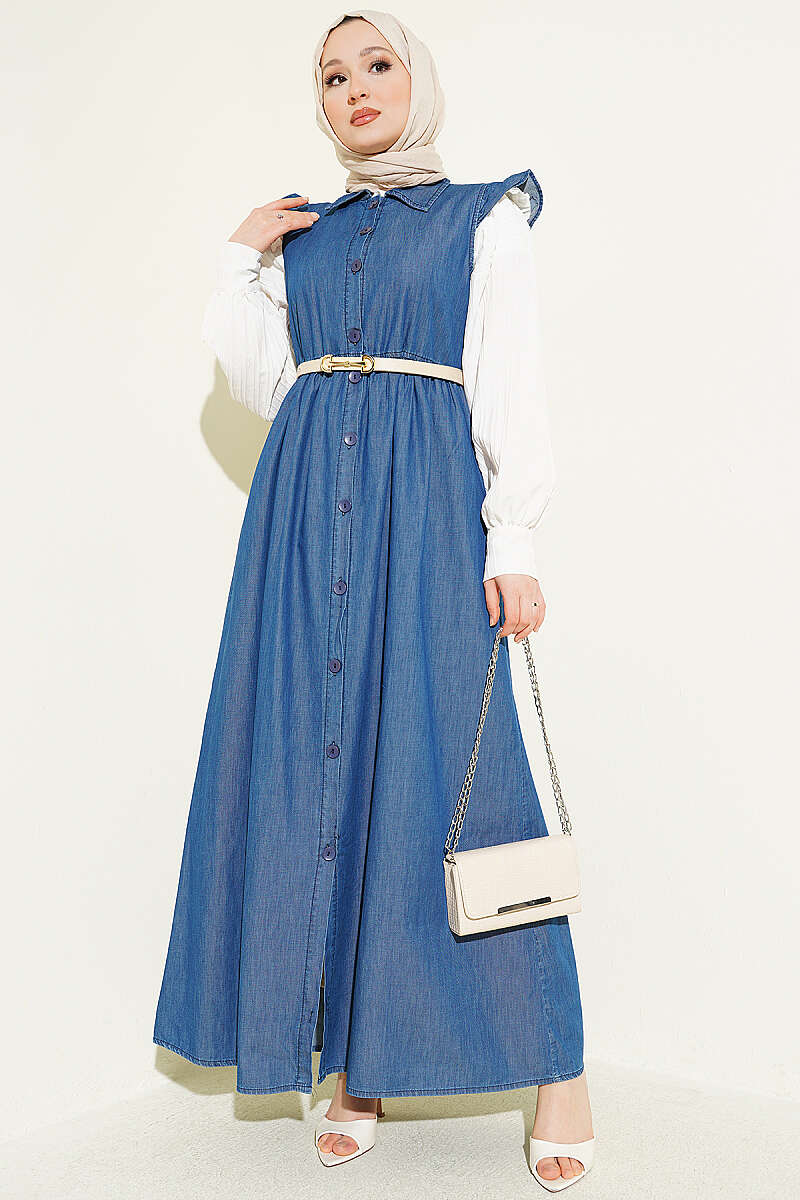 Dress with Ruffled Shoulders - Blue