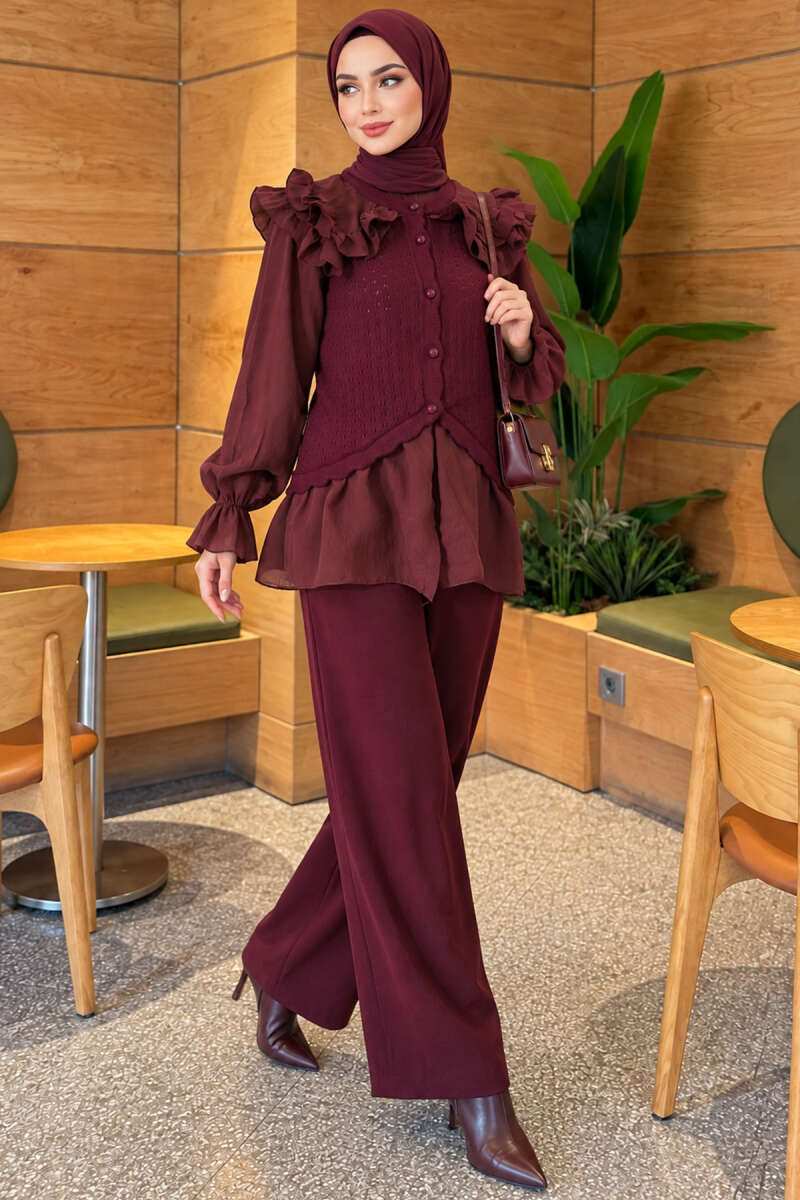 Knit Two-Piece Set with Ruffled Shoulders - Plum