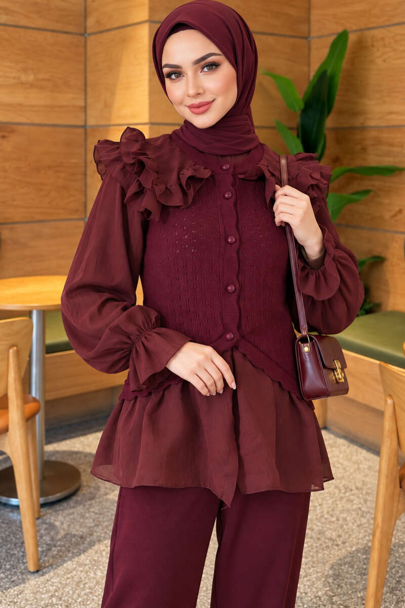 Knit Two-Piece Set with Ruffled Shoulders - Plum