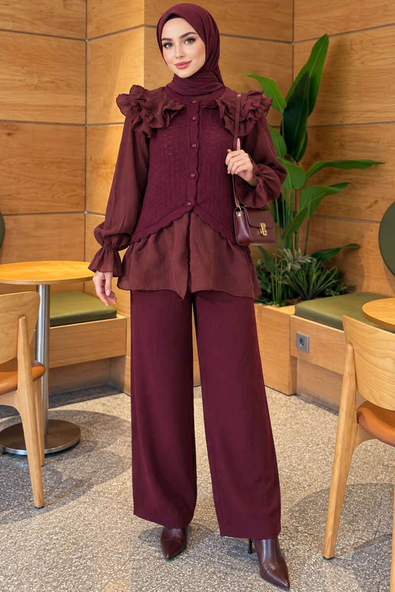 Knit Two-Piece Set with Ruffled Shoulders - Plum