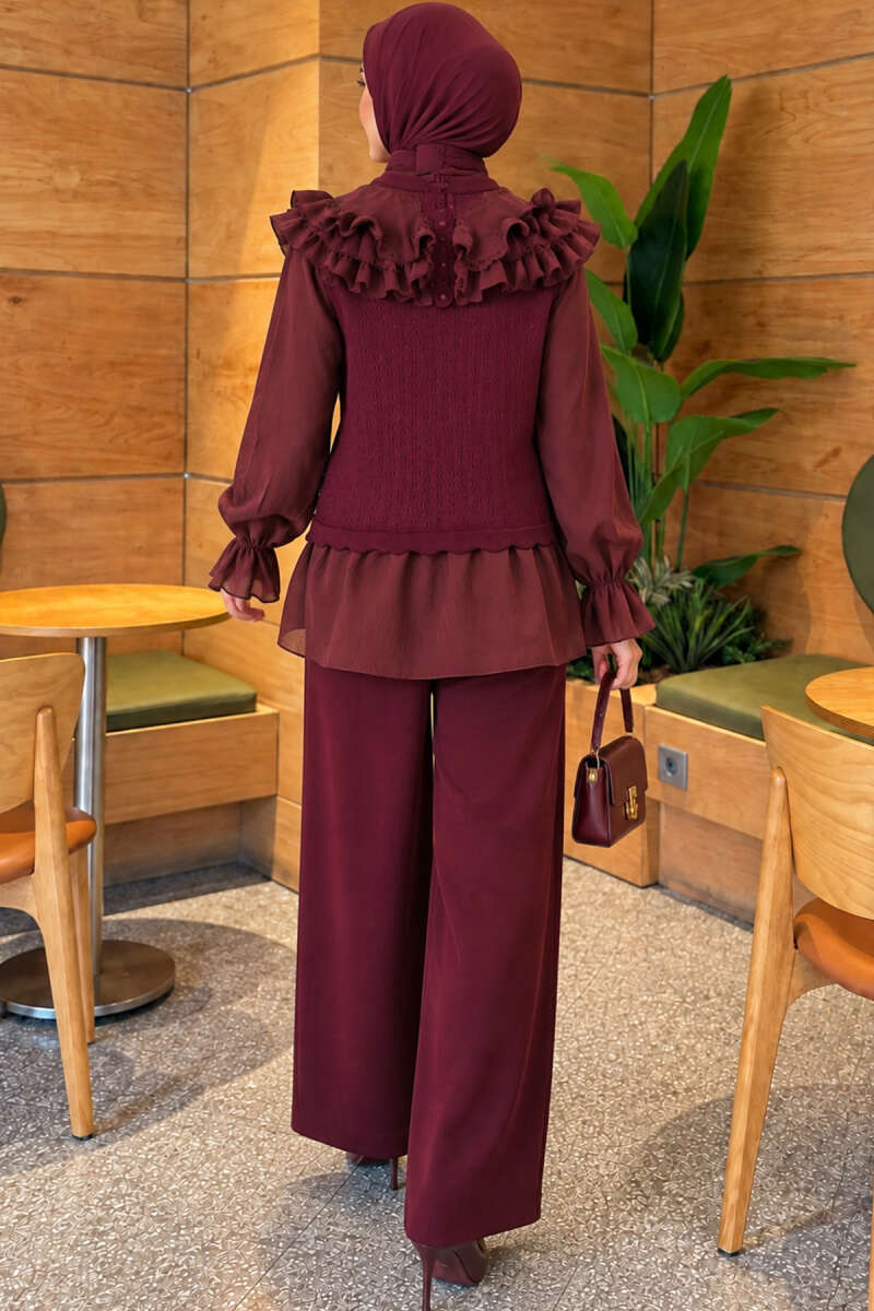 Knit Two-Piece Set with Ruffled Shoulders - Plum