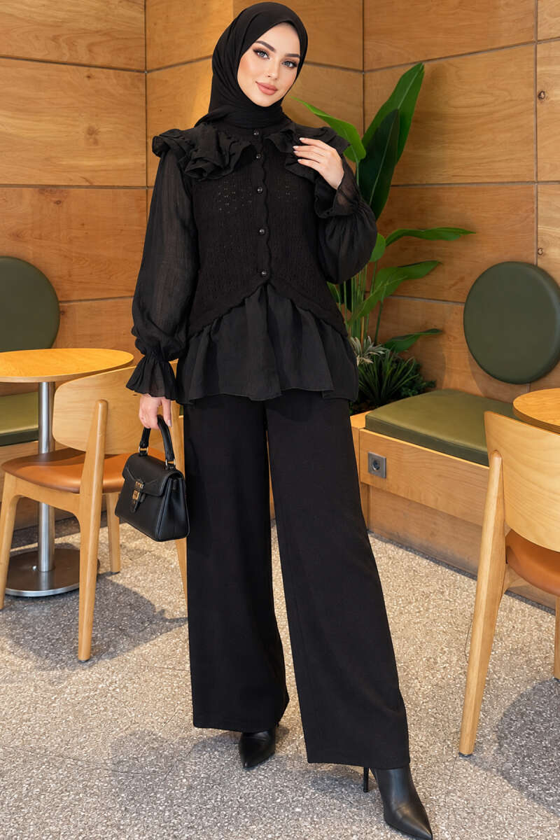 Knit Two-Piece Set with Ruffled Shoulders - Black