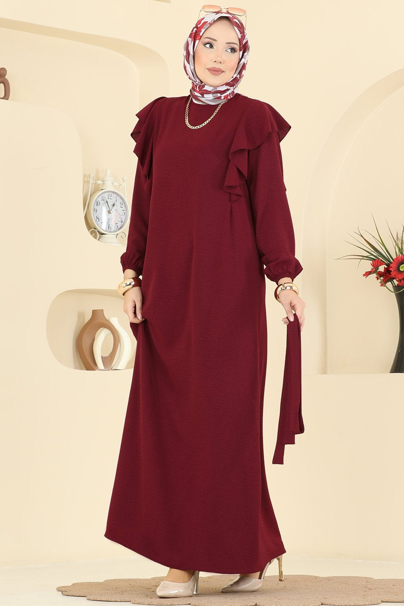 Aerobin Dress with Ruffled Shoulders - Burgundy